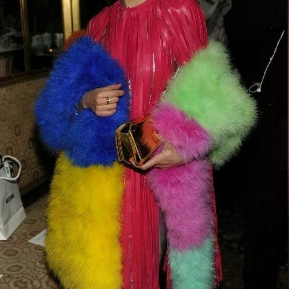 MOSCHINO FUR RARE RUNWAY STOLE SCARF RAINBOW FEATHERS CLOWN COSTUME